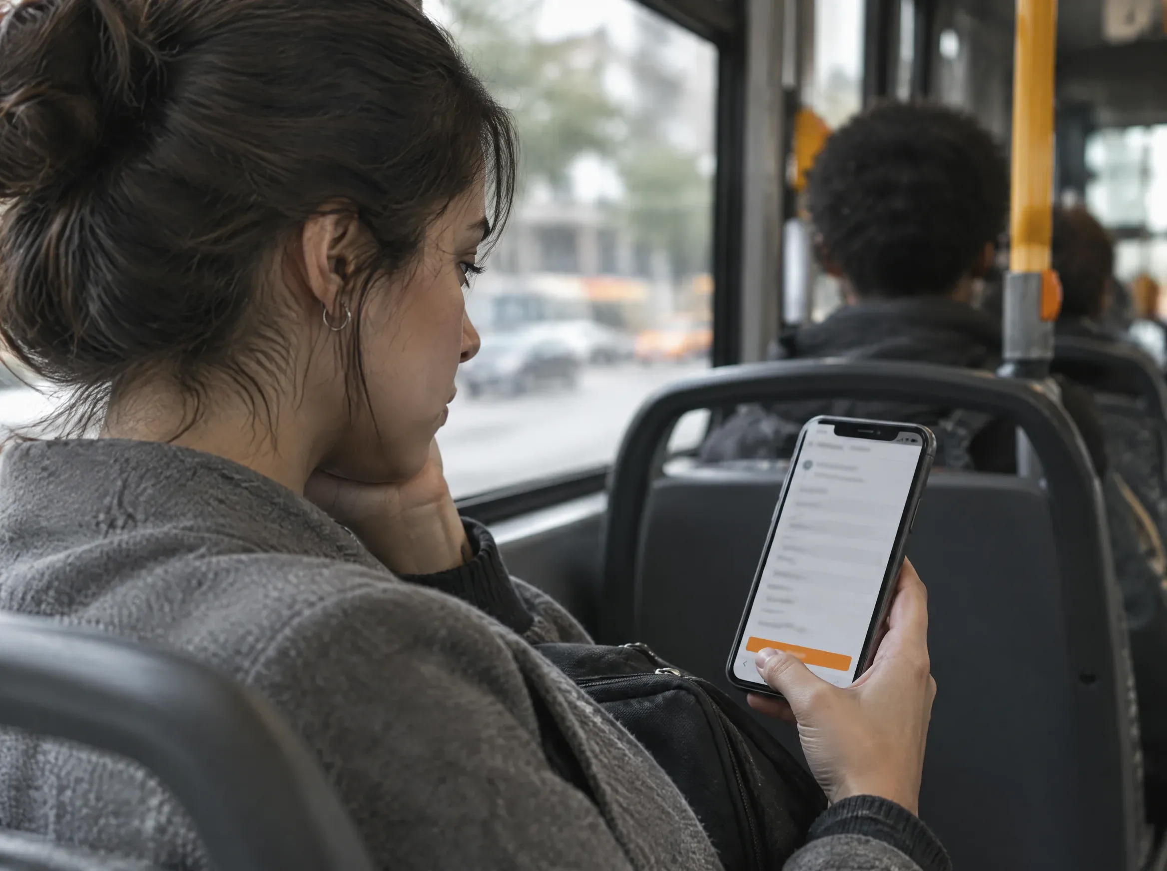 Jovem no ônibus desistindo de um formulário de cadastro longo no celular