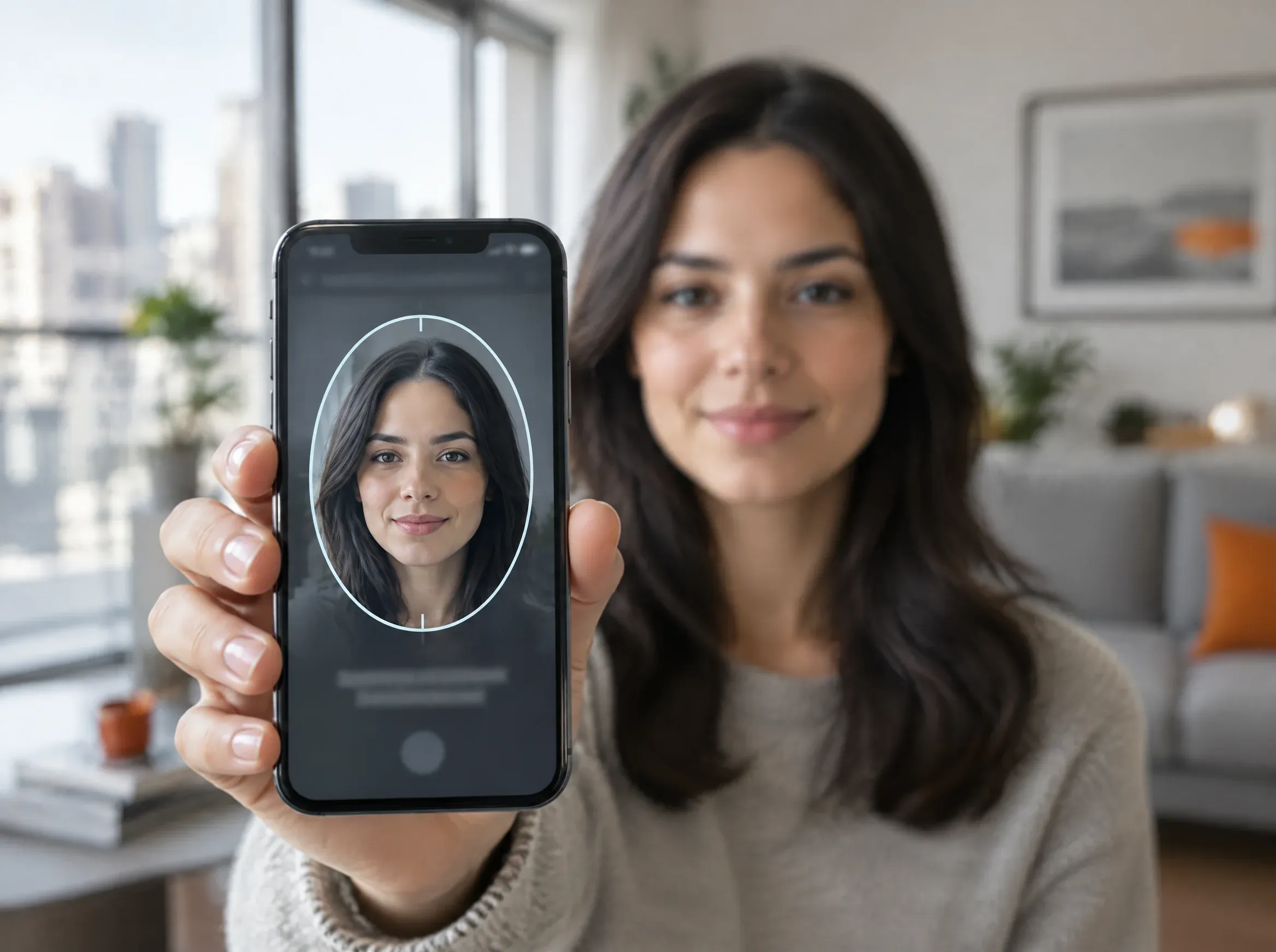 Pessoa segurando celular com guia oval de prova de vida na tela