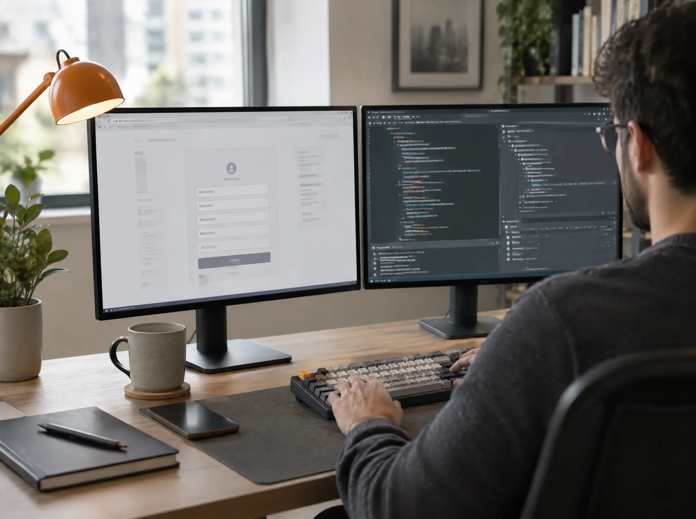 Estação de desenvolvedor front-end com formulário de cadastro e ferramentas do navegador