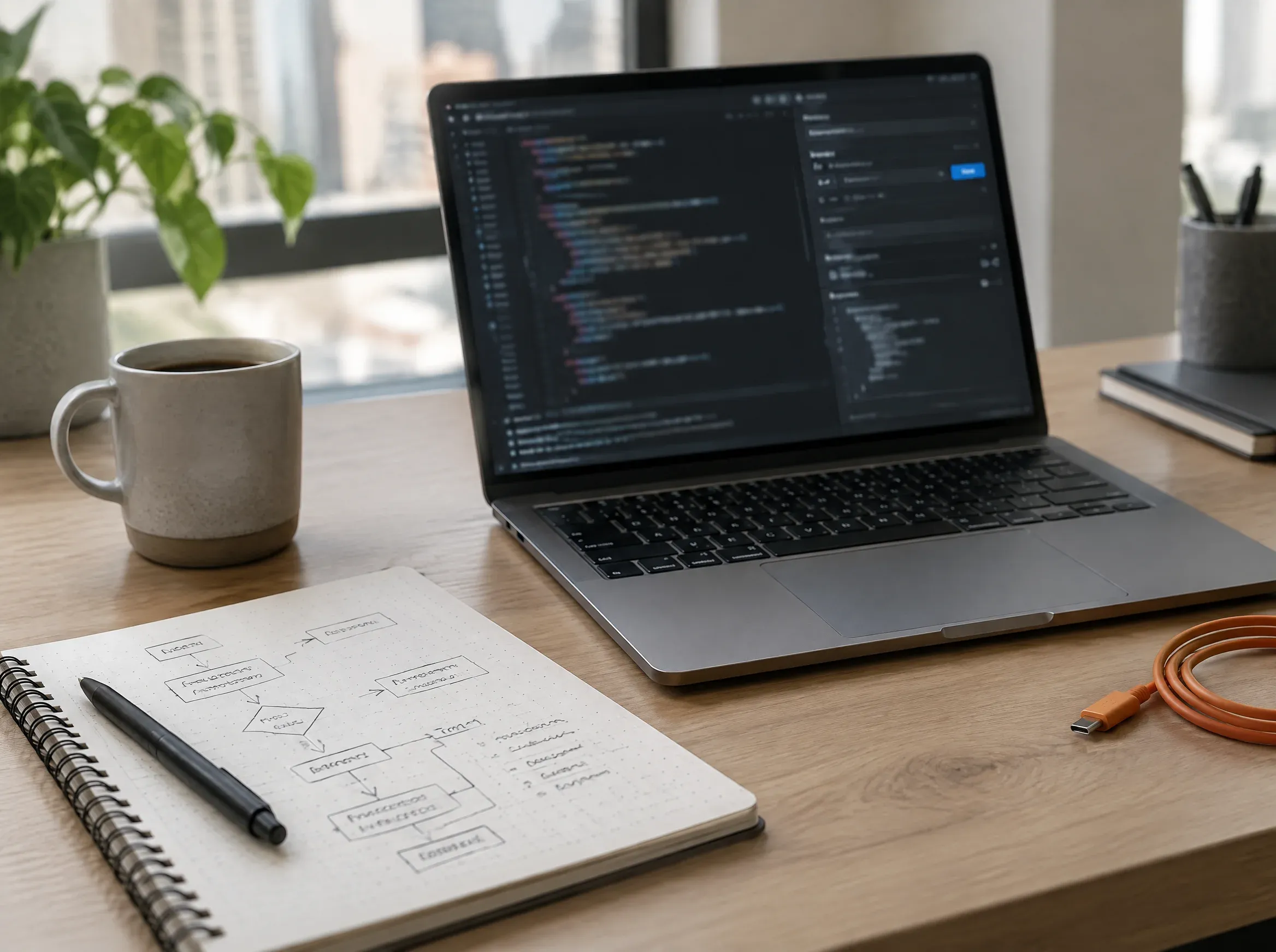 Mesa de desenvolvedor com notebook aberto em editor de código e caderno com fluxo desenhado