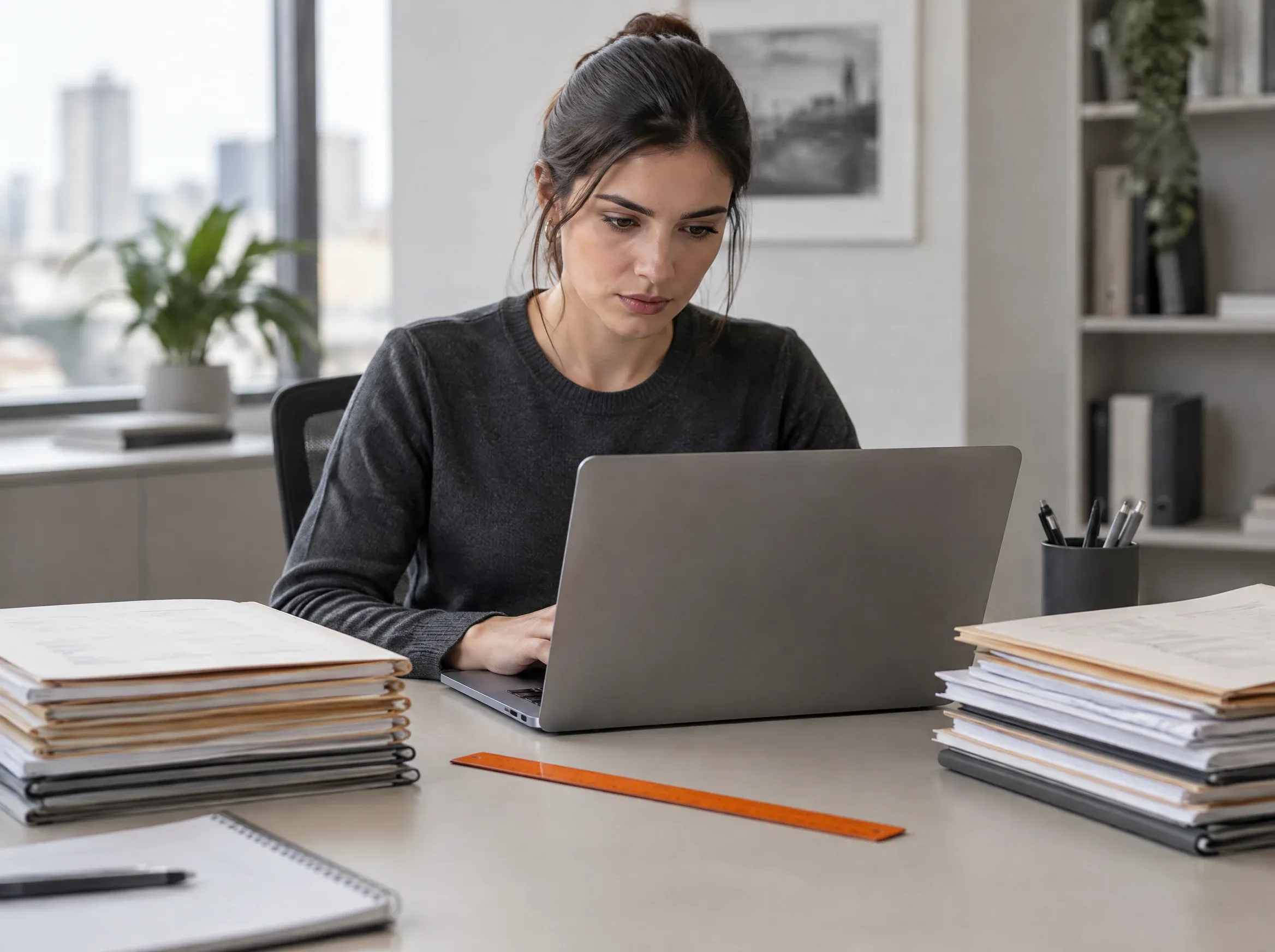 Analista de compliance fazendo consulta manual no notebook entre duas pilhas de pastas