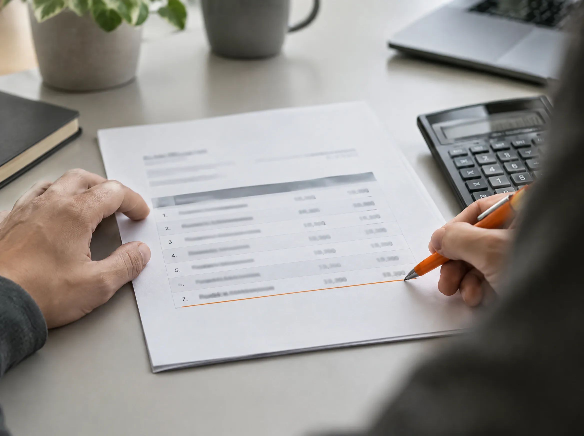Analista financeiro revisando relatório impresso com calculadora e caneta laranja
