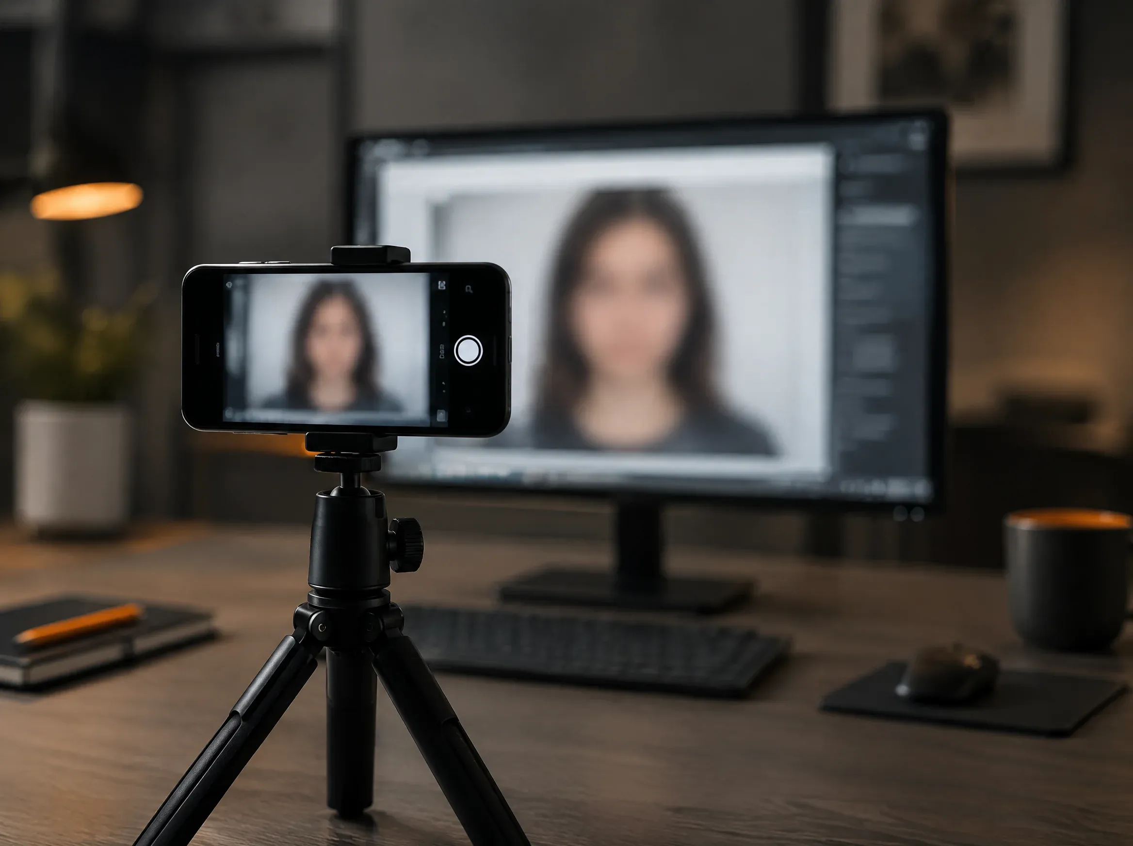 Celular em tripé apontado para um monitor que exibe um rosto desfocado