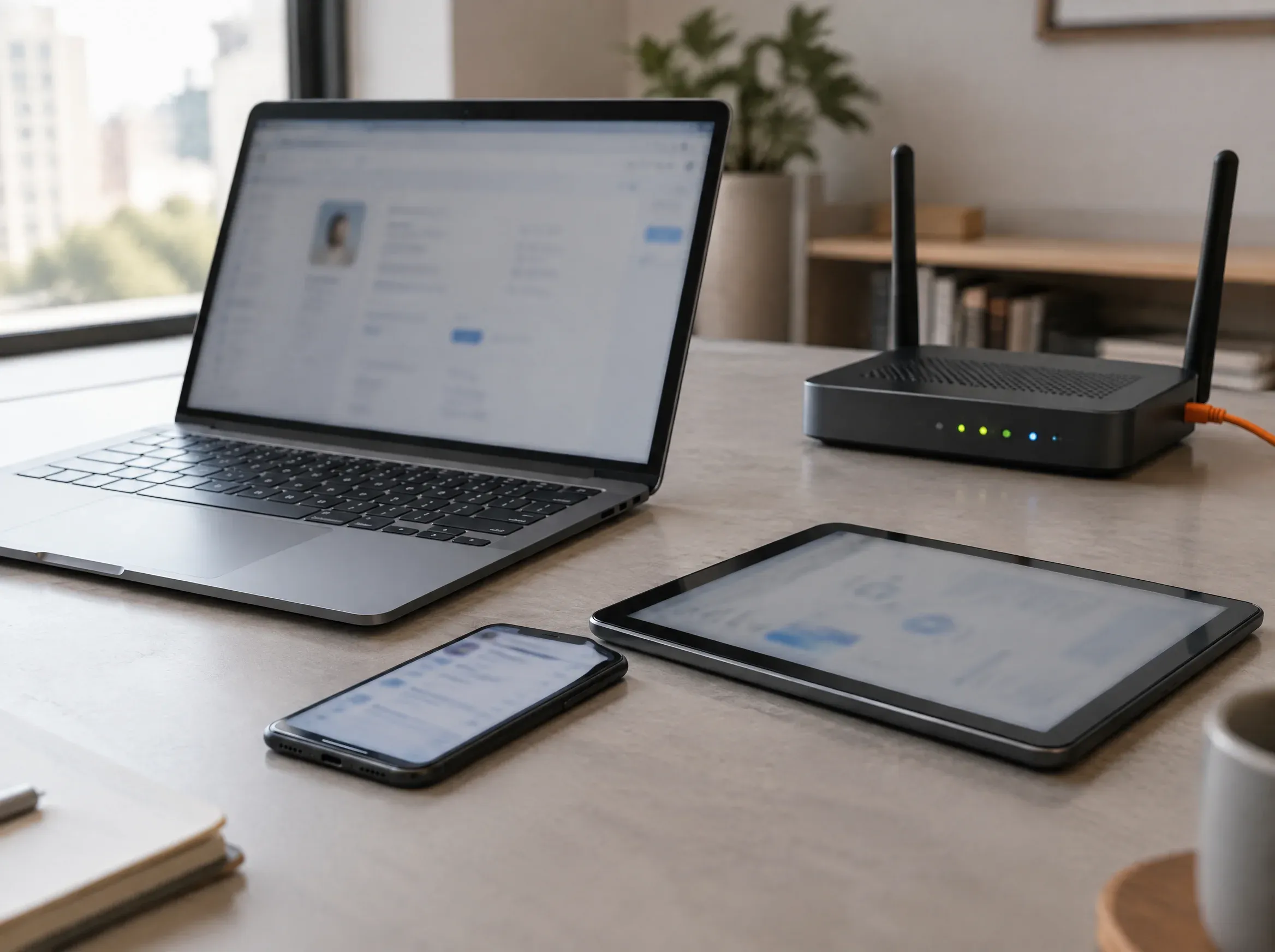 Notebook, celular, tablet e roteador de internet sobre a mesa