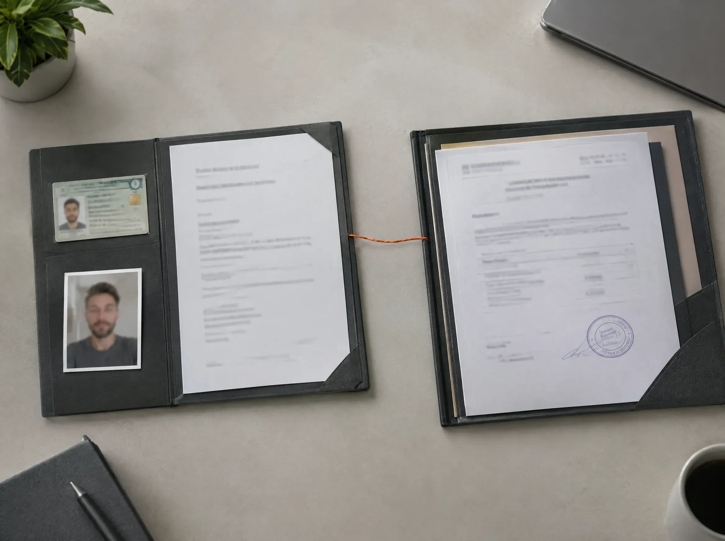Duas pastas lado a lado, uma com documento de pessoa e outra com contrato social de empresa