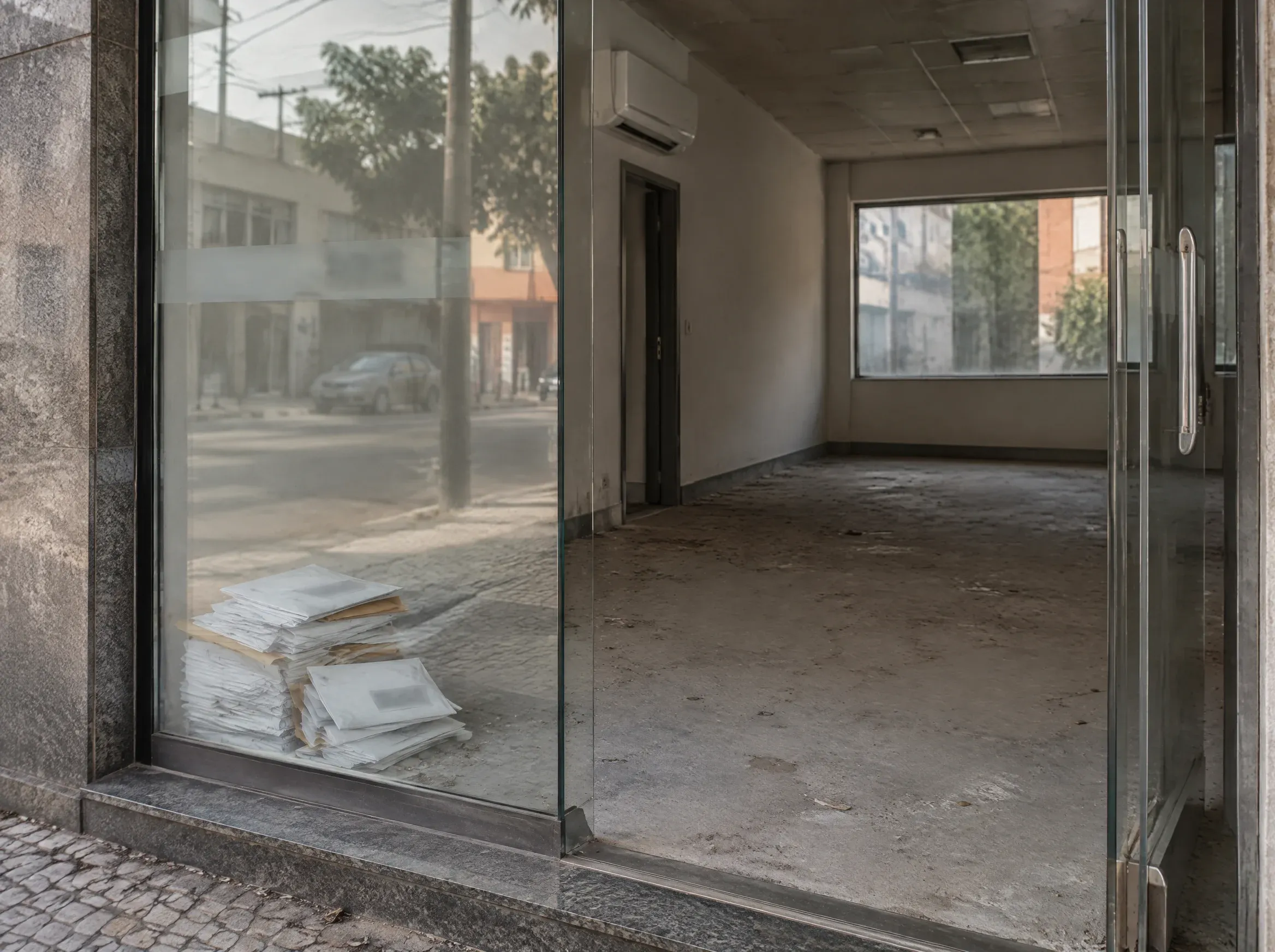 Sala comercial vazia e abandonada atrás de uma vitrine, com correspondência no chão