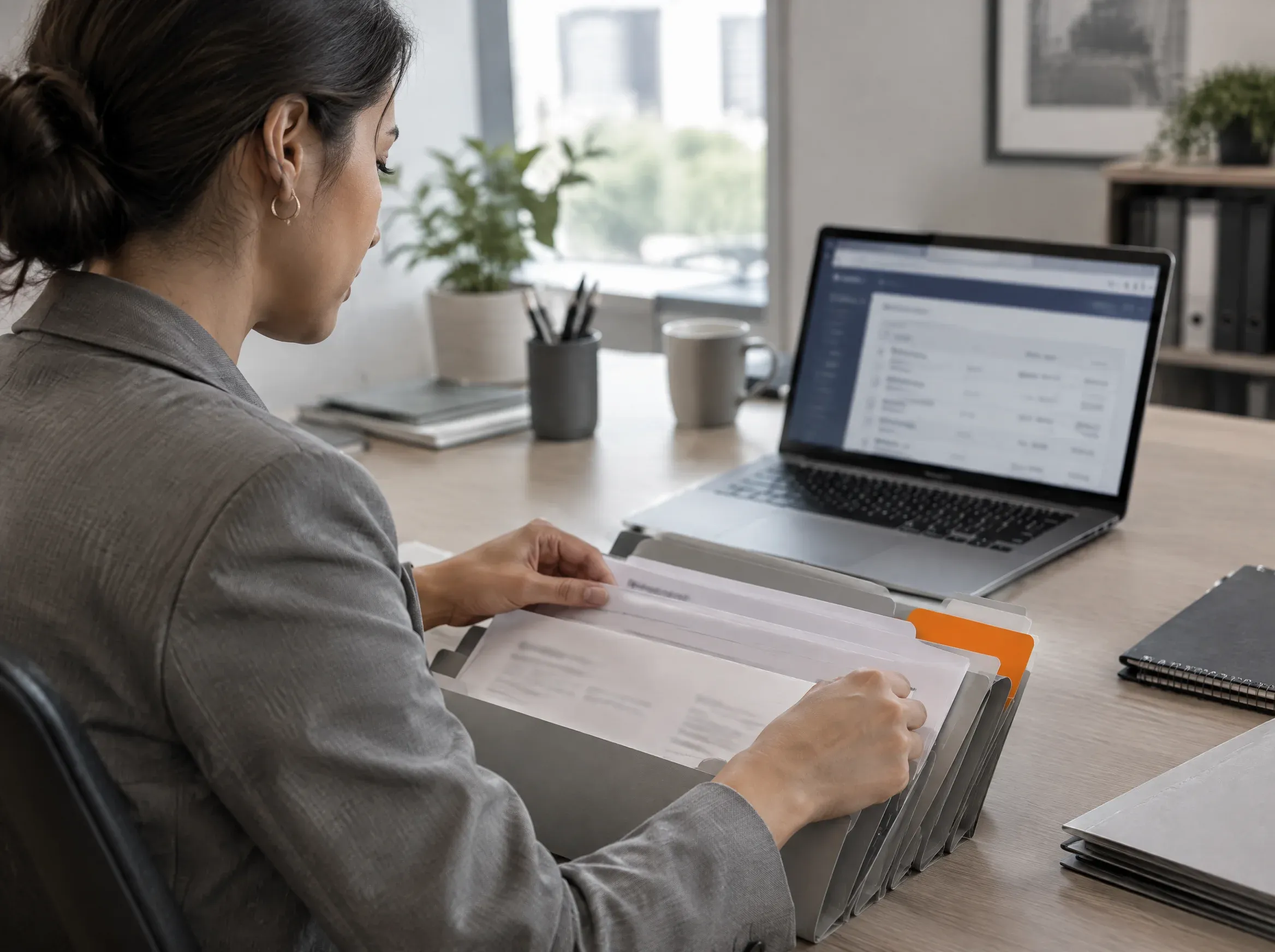 Profissional de compliance organizando documentos de cadastro de fornecedor