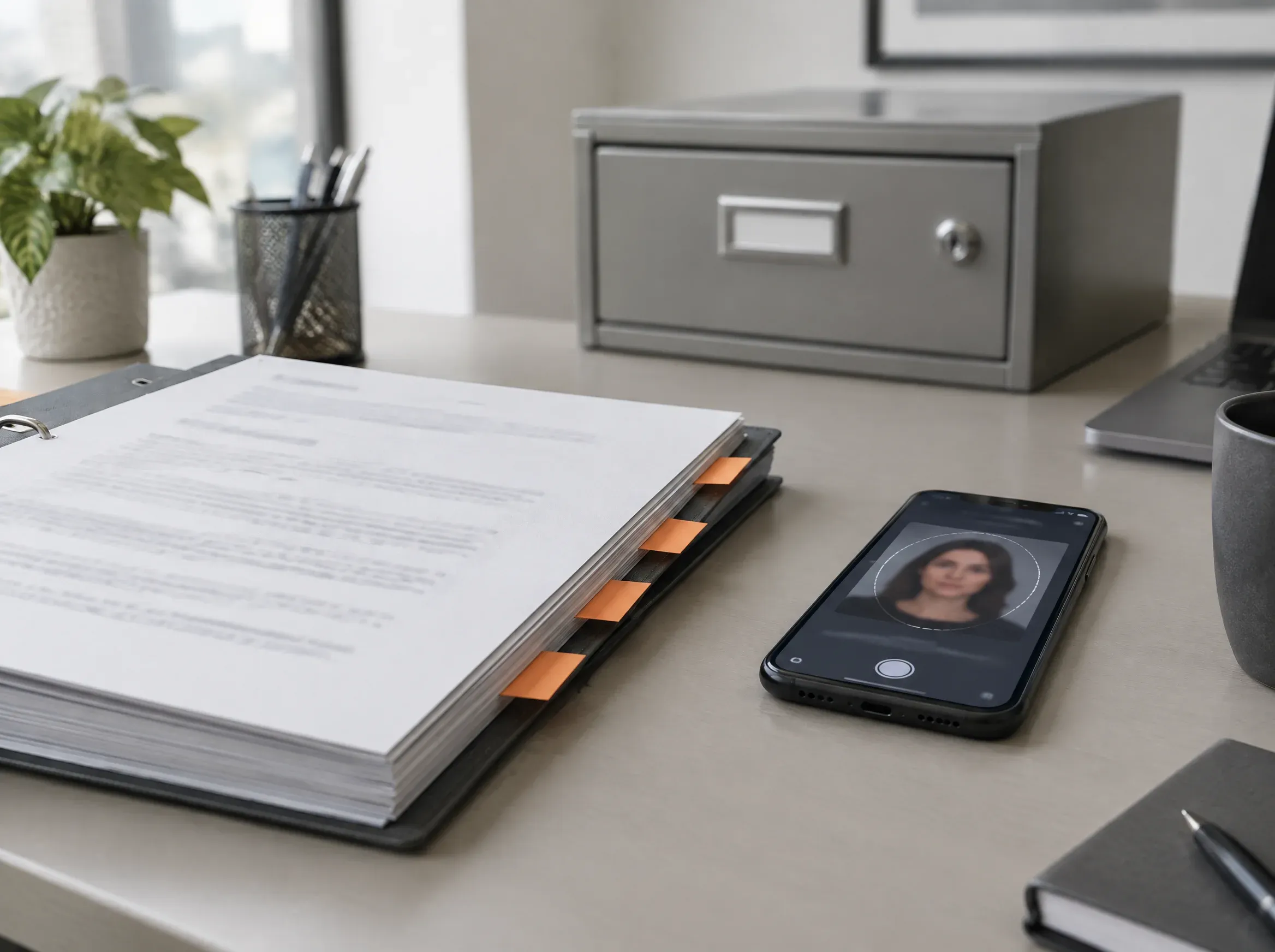Mesa de encarregado de dados com política de privacidade impressa e celular em captura facial