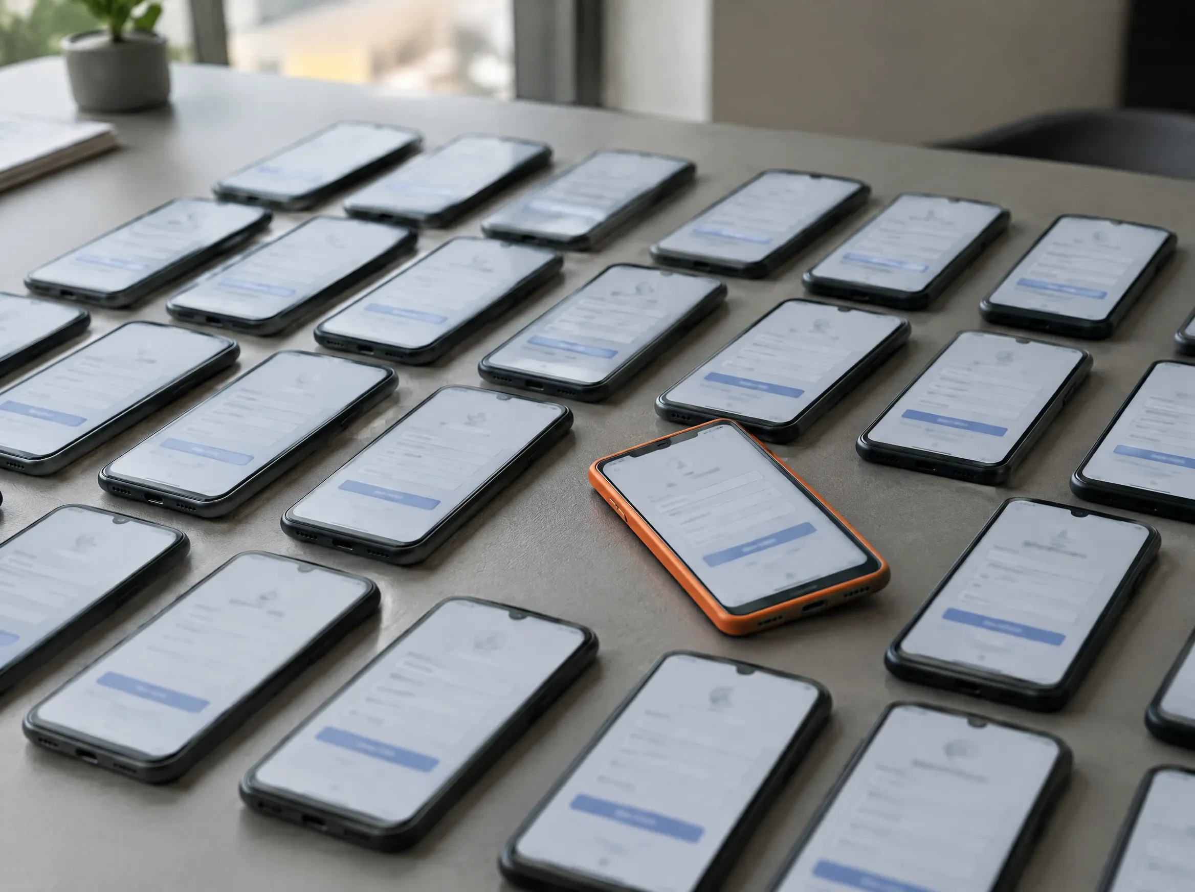 Dezenas de celulares idênticos enfileirados sobre a mesa, todos na mesma tela de cadastro