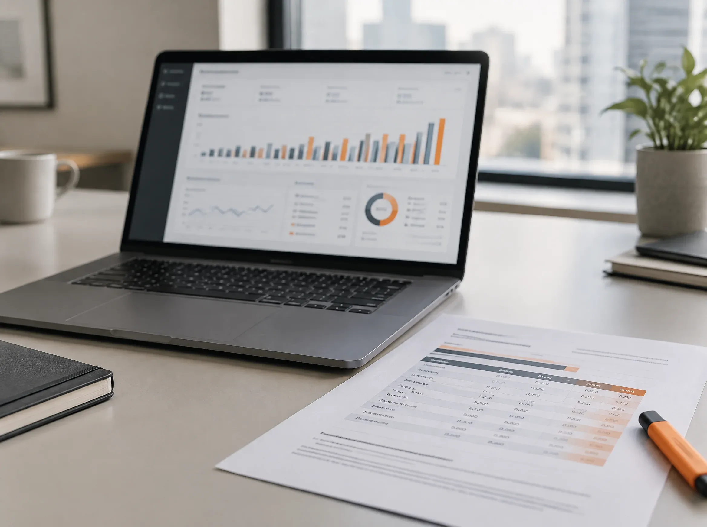 Notebook com painel de uso de API ao lado de tabela de preços impressa