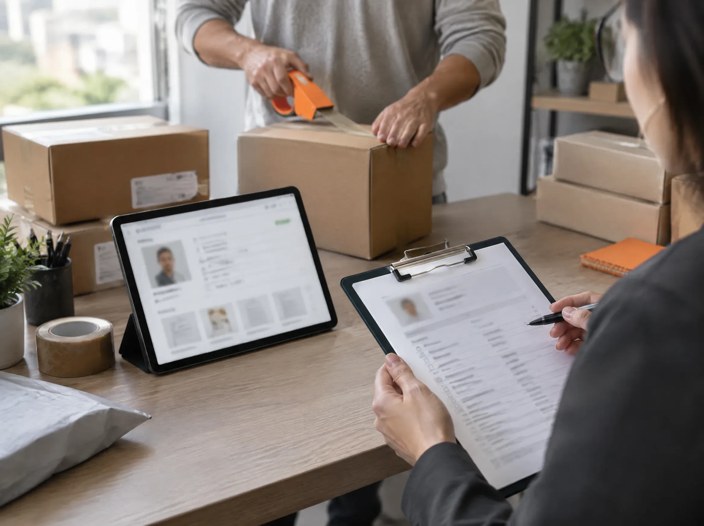 Mesa de expedição de vendedor online com caixas, tablet e analista revisando cadastro