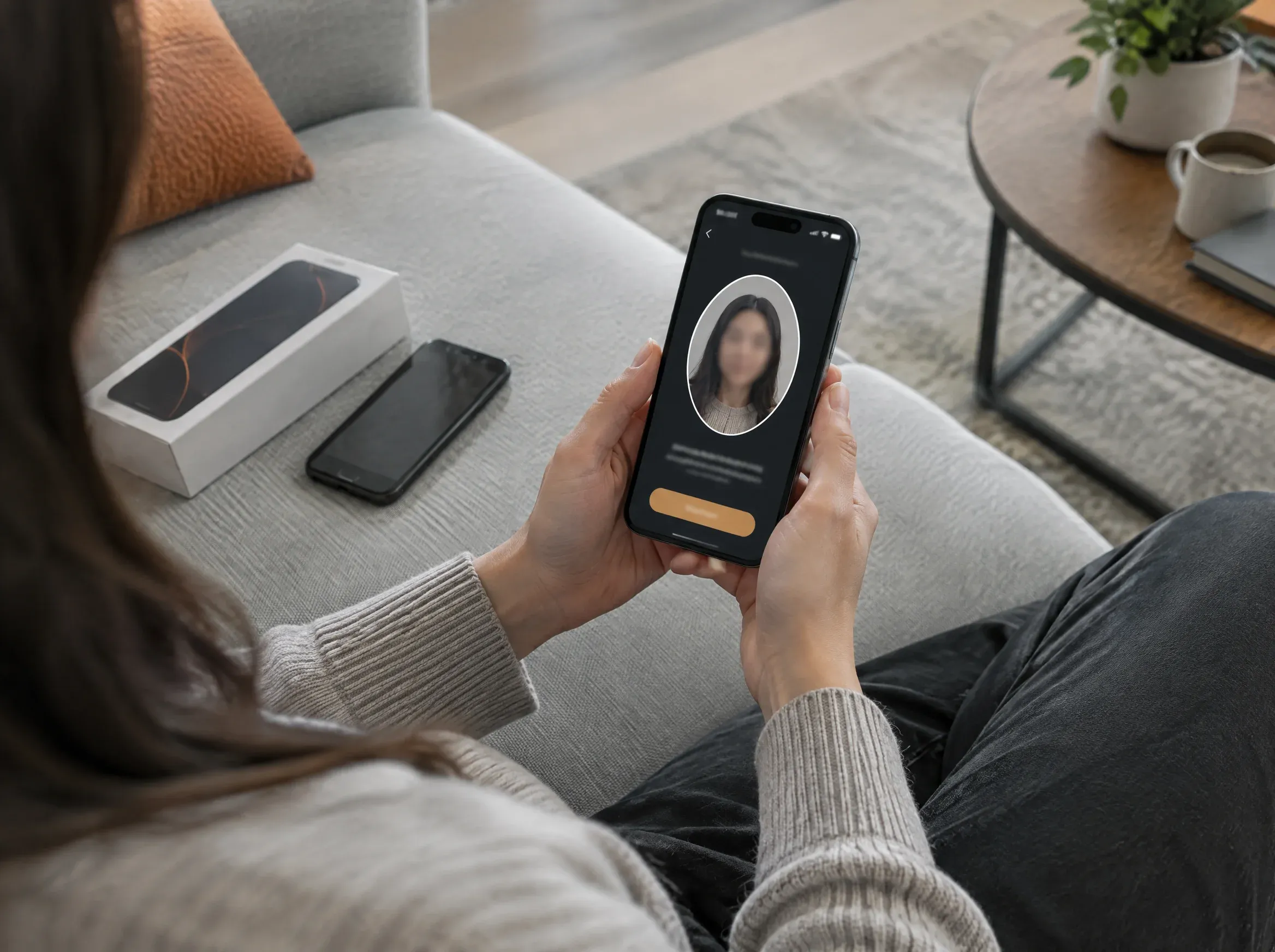 Pessoa configurando celular novo com tela de reverificação por selfie
