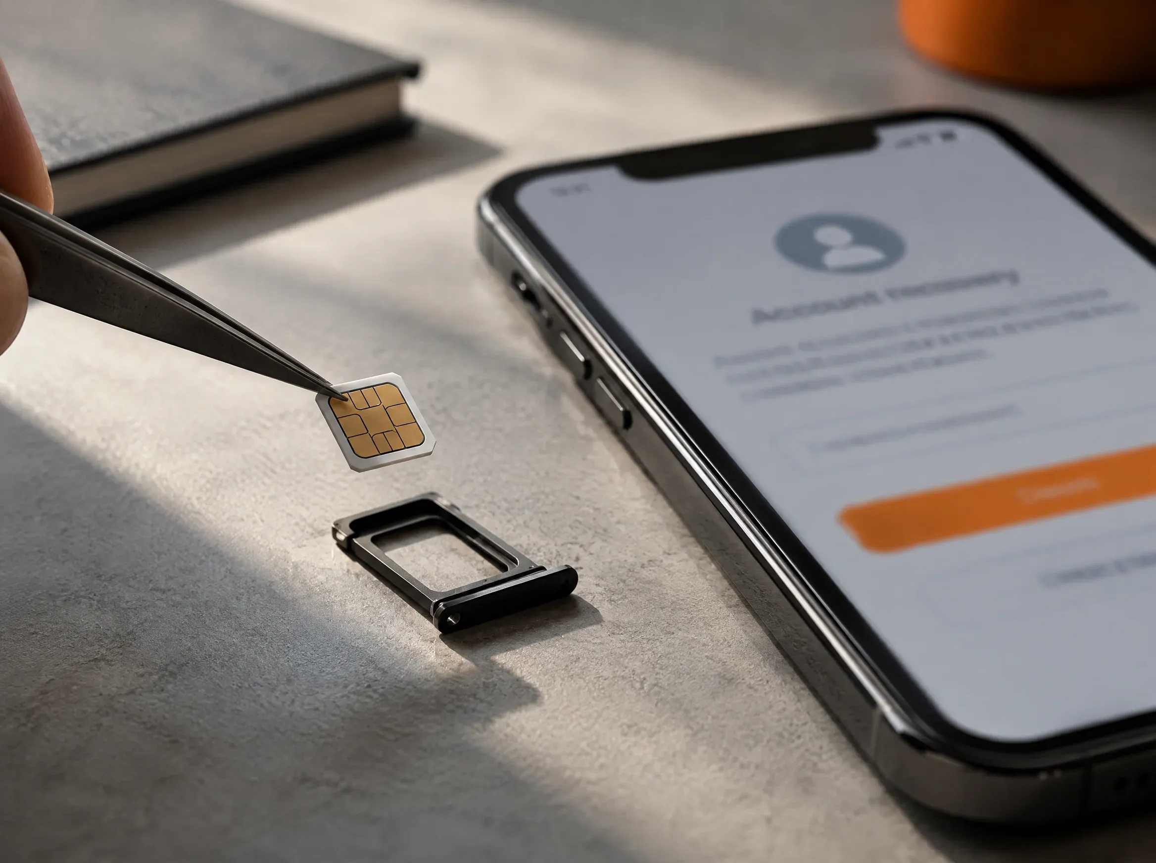 Pinça segurando chip ao lado da gaveta do chip e de celular em tela de recuperação de conta
