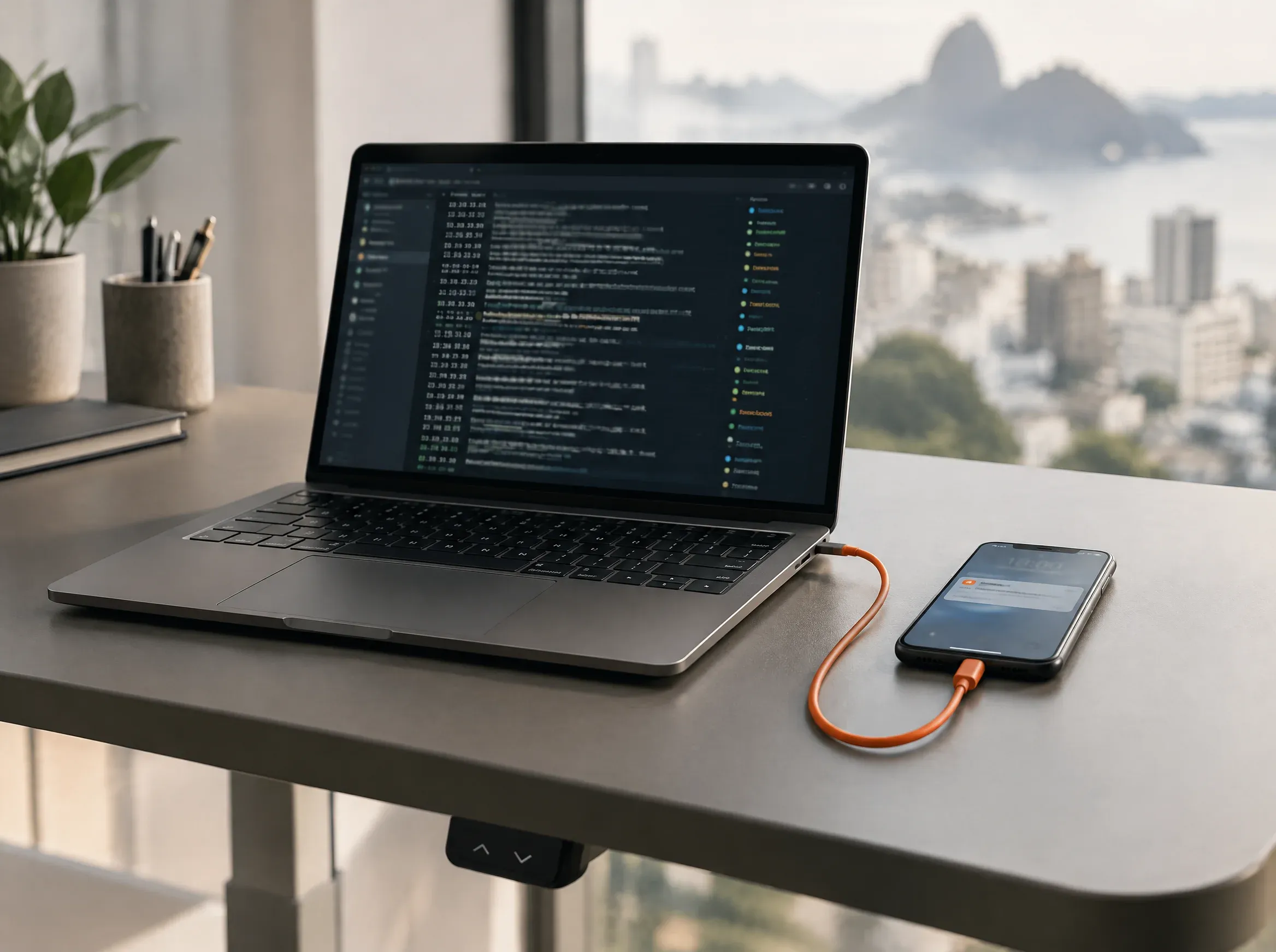Notebook com log de servidor e celular recebendo notificação